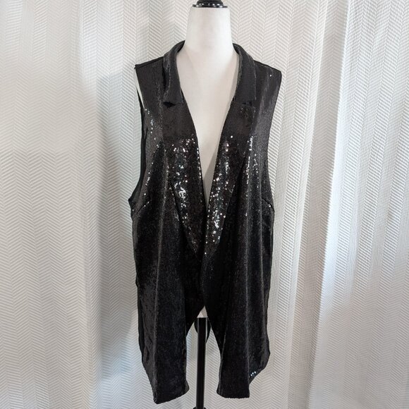MXM Black Sequin Sheer Waterfall Vest Glam Layering Piece Size 2X Plus Size - Picture 1 of 15